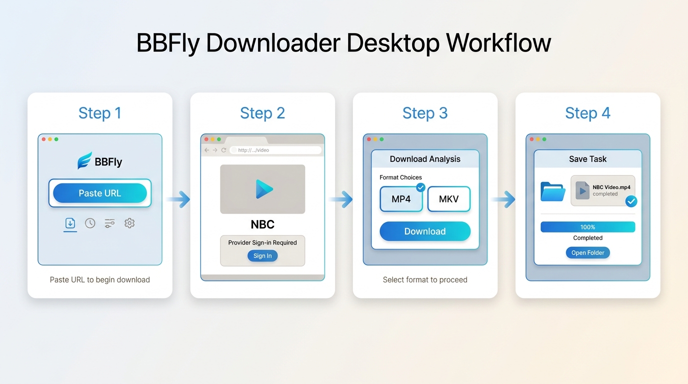 Four steps in BBFly to open an NBC page, sign in, choose format, and save the file