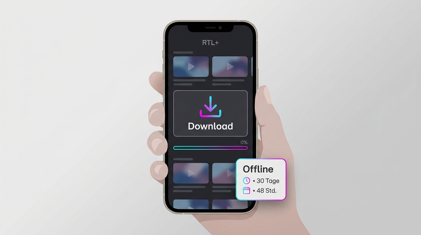 RTL+-App mit Download-Button und gespeicherten Offline-Titeln für die mobile Nutzung