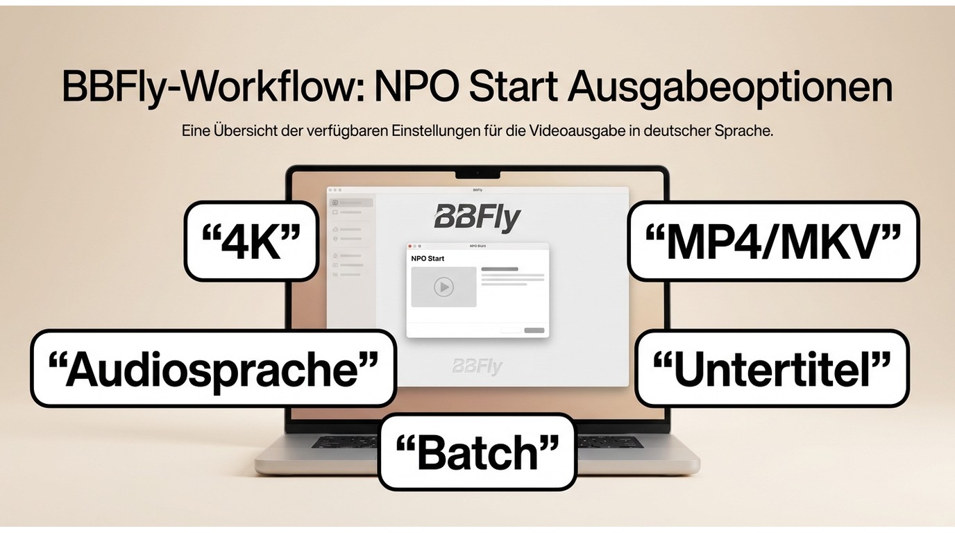 BBFly-Optionen für NPO Start mit 4K, MP4 oder MKV, Audiosprache, Untertiteln und Stapelverarbeitung