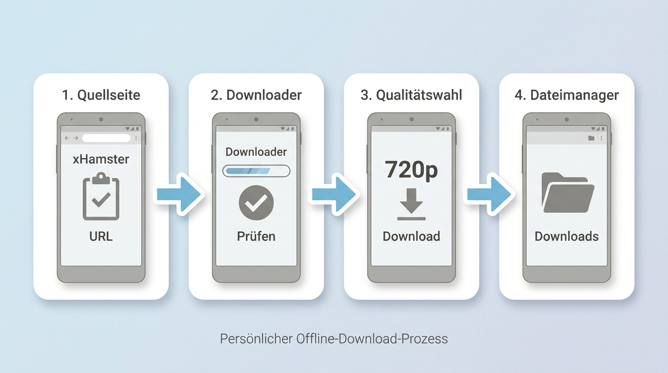 Android-Ablauf zum xHamster-Download mit URL, Qualitätsprüfung und Kontrolle im Downloads-Ordner