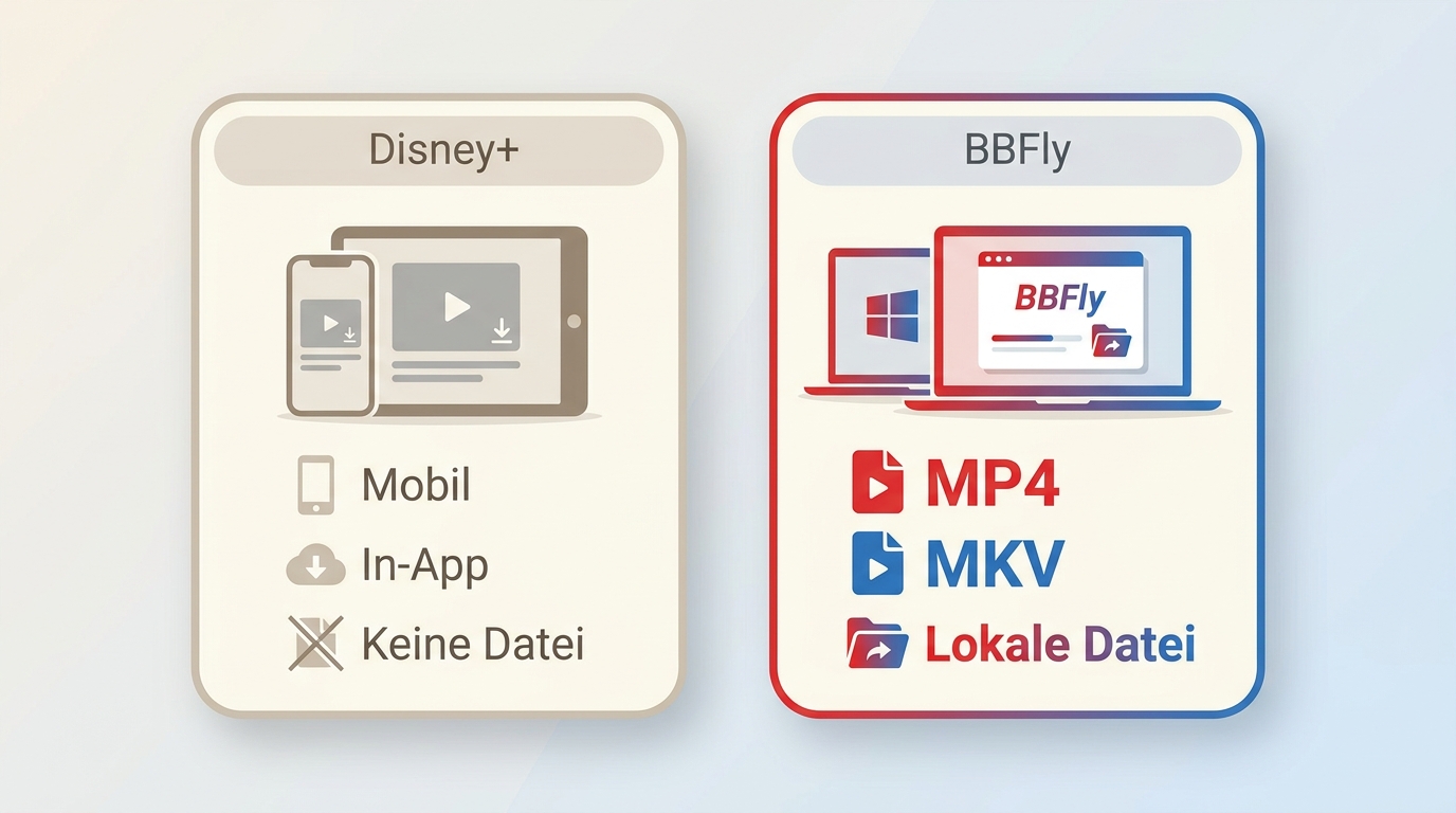 Vergleich von Disney+-App und BBFly nach Gerät, Offline-Zugriff und lokaler Datei.