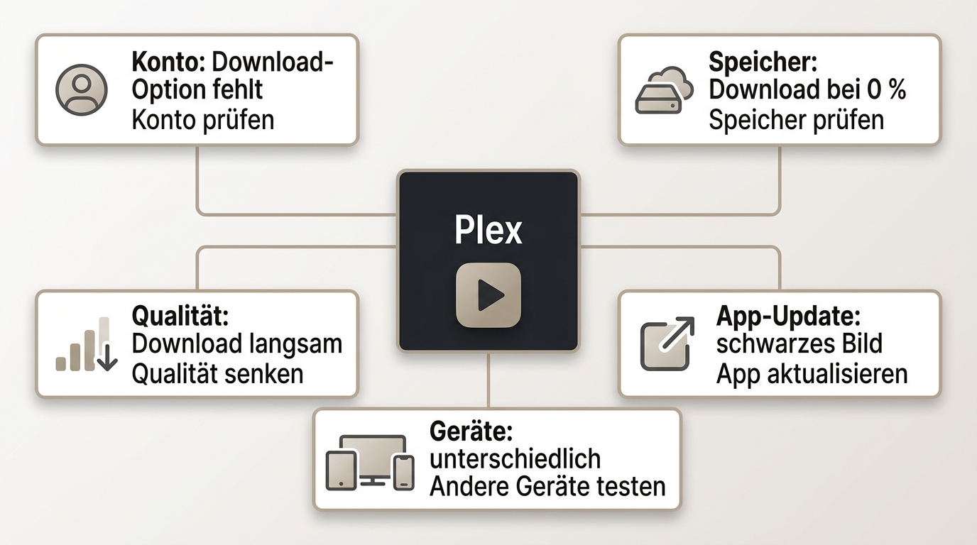 Plex-Fehlerhilfe mit typischen Downloadproblemen und dem jeweils nächsten Prüfschritt