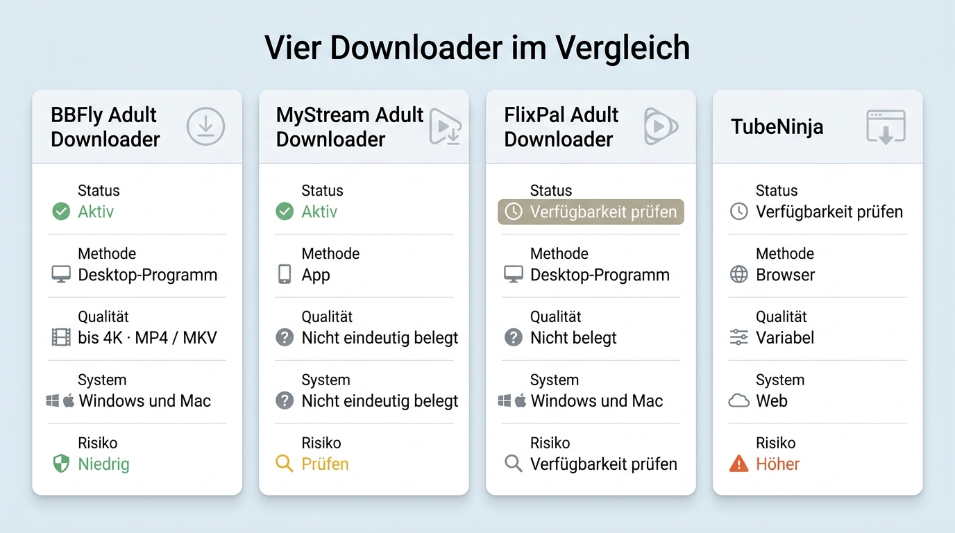 Vergleich von BBFly, MyStream, FlixPal und TubeNinja nach Methode, Qualität, System und Risiko