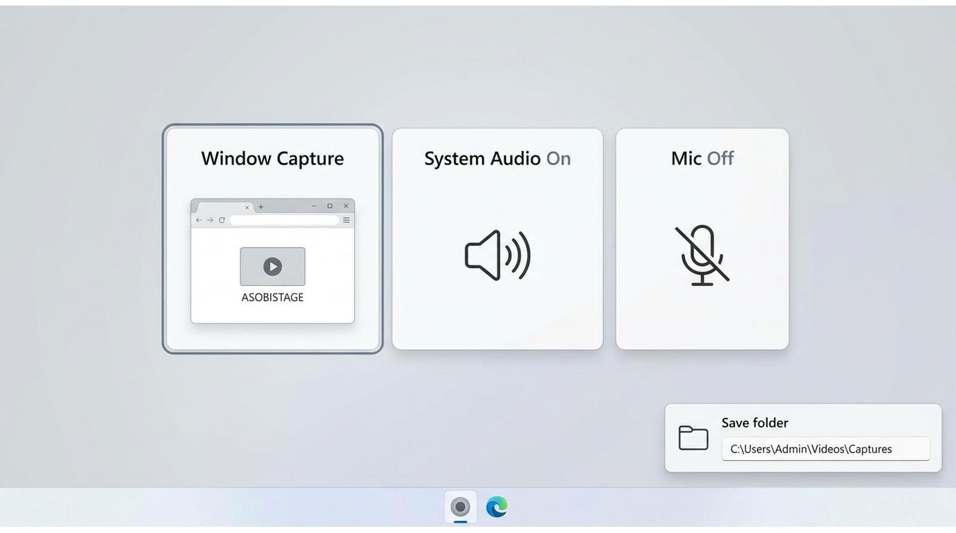 Recording setup with browser window selected, system audio on, microphone off, and save location cho
