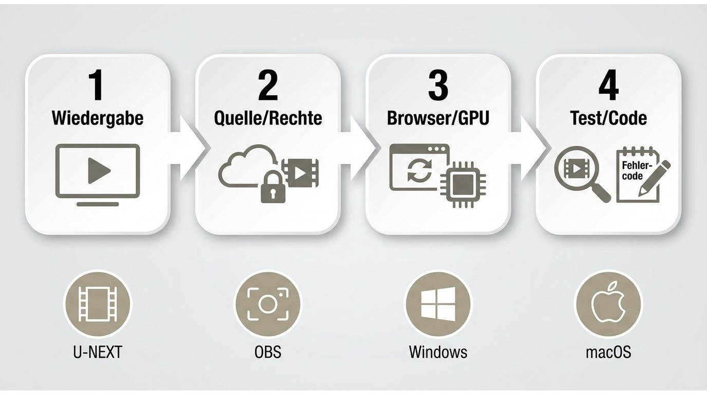 Ablauf zur Fehlersuche bei schwarzer Aufnahme mit U-NEXT, OBS, Windows und macOS