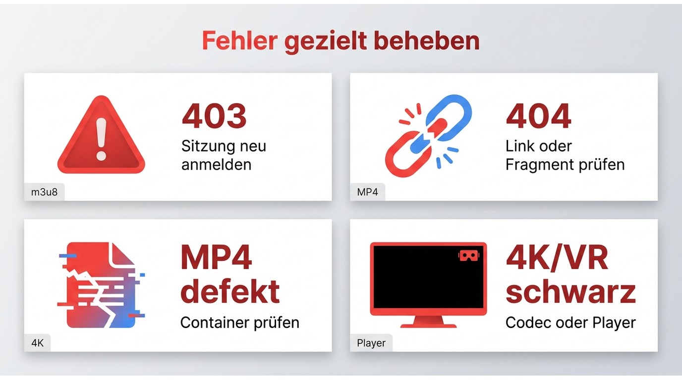Übersicht zu 403, 404, beschädigter MP4 und schwarzem Bild bei 4K oder VR
