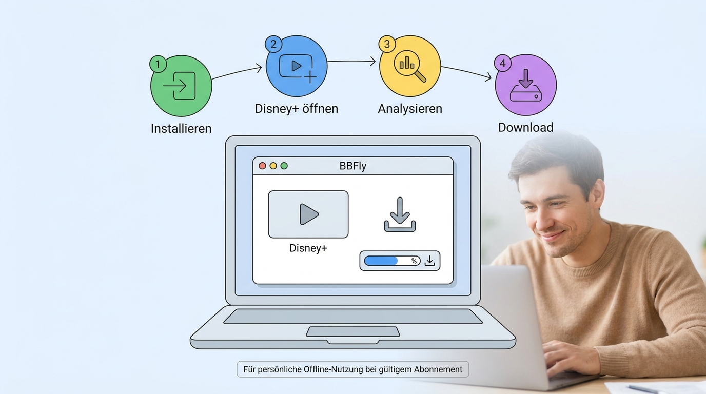 Ablauf mit BBFly: installieren, Disney+ öffnen, Titel analysieren und herunterladen.