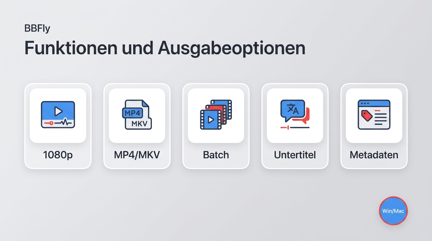 BBFly-Funktionen mit 1080p, MP4 oder MKV, Untertiteln, Batch-Download und Metadaten