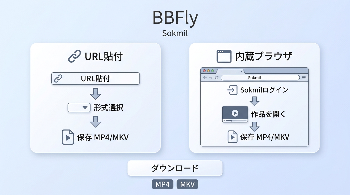 BBFlyでSokmil動画を保存する2つの手順ルートを示した流れ図