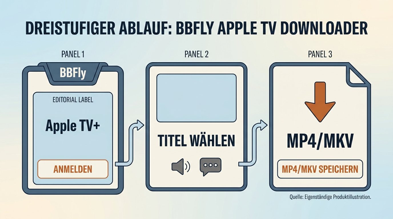 Ablauf im BBFly Apple TV Downloader von Anmeldung bis fertigem Apple TV+ Download.