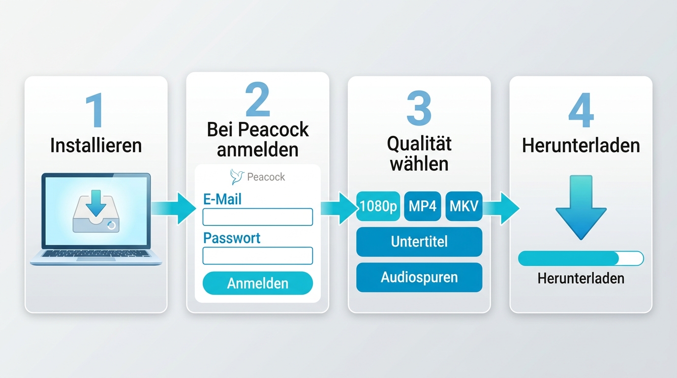 Vier Schritte zum Peacock-Download mit BBFly von Installation bis Downloadstatus.