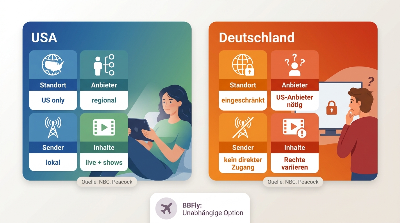 Vergleich von NBC-Zugang in den USA und in Deutschland mit Standort, TV-Anbieter und Rechten.