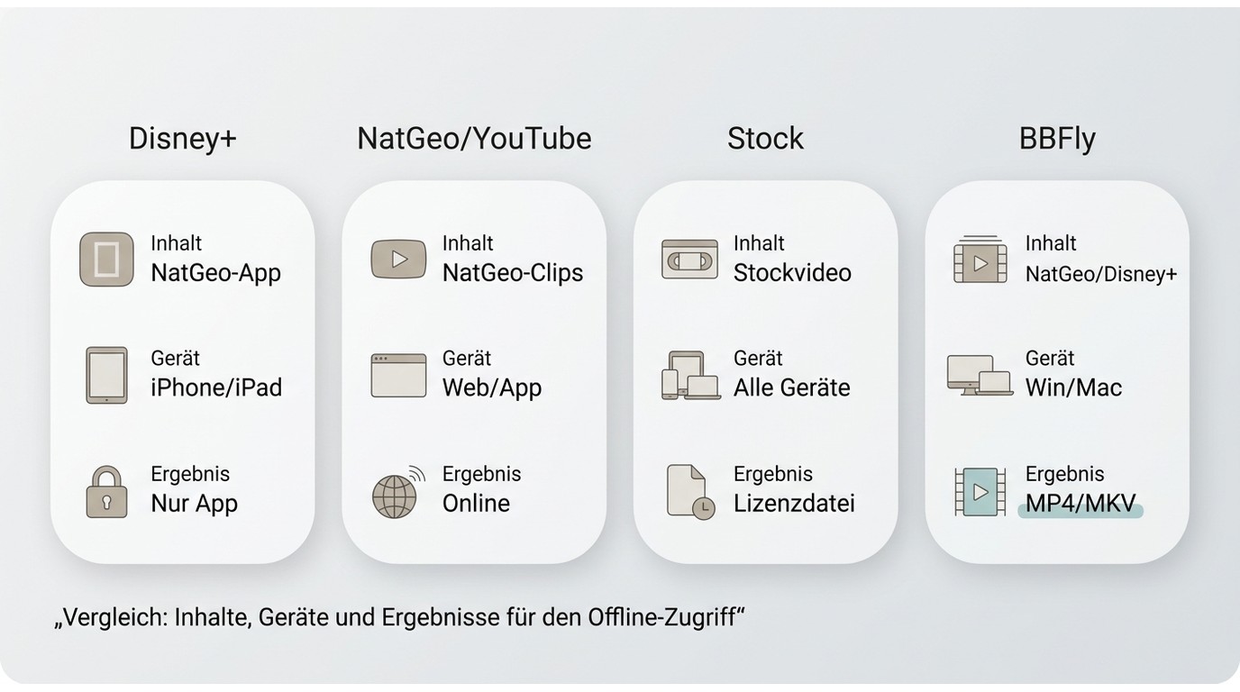 Vergleich von Disney+, NatGeo/YouTube, Stockvideo und BBFly nach Inhalt, Gerät und Offline-Ergebnis