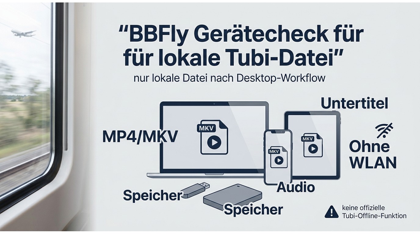 Gerätecheck für Tubi-Dateien mit Laptop, Smartphone, Speicher und Prüfpunkt zu Ton und Untertiteln.