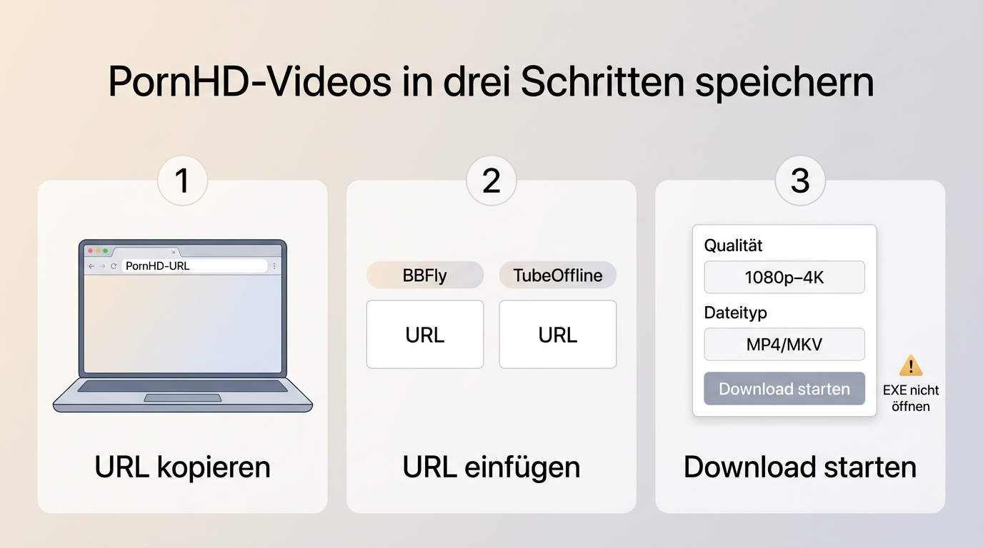 Ablauf zum Speichern eines PornHD-Videos mit URL, Qualitätsprüfung und Dateityp-Kontrolle.