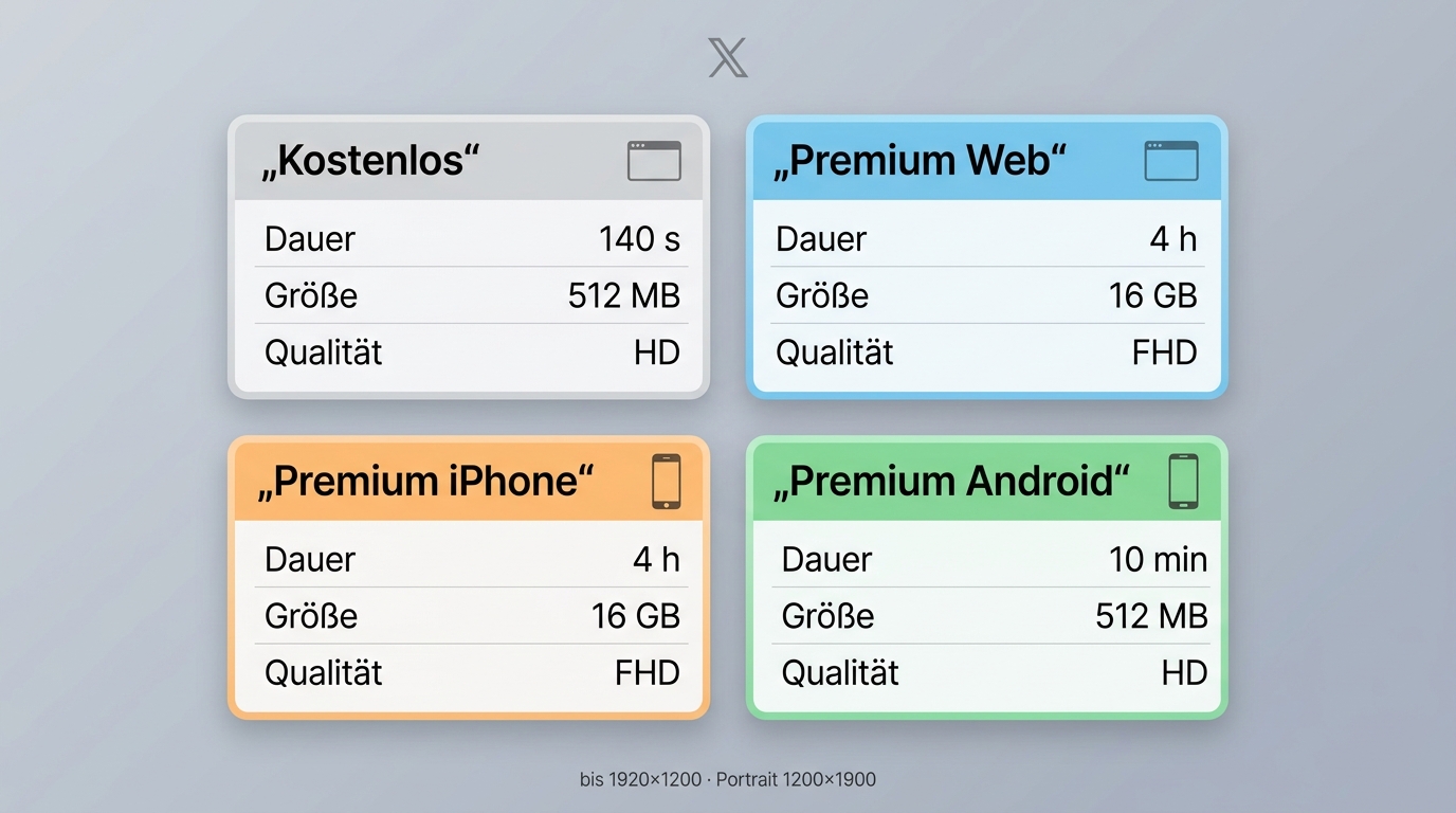 Vergleich der X-Videolimits für kostenloses Konto und X Premium auf Web, iOS und Android.