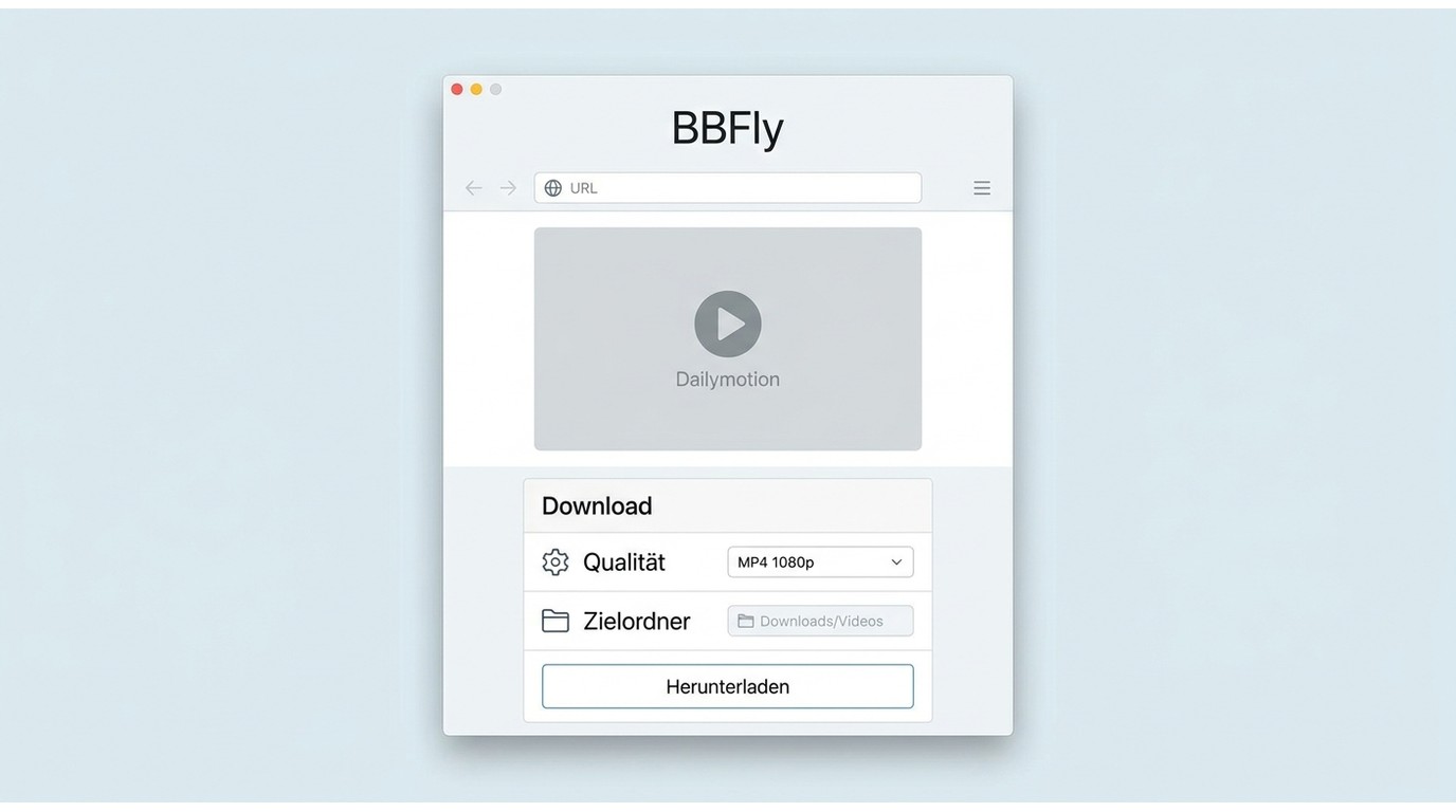 BBFly mit Dailymotion-Video, MP4-Auswahl und Zielordner für den Download.