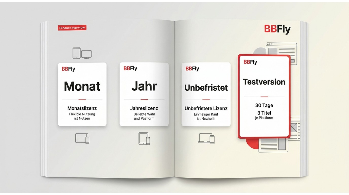 BBFly-Lizenzarten und Testversion mit 30 Tagen und drei vollständigen Titeln pro Plattform.