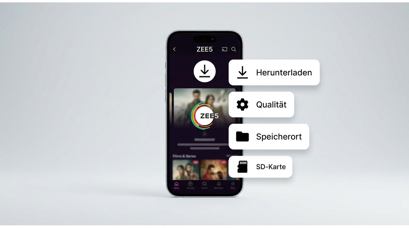 ZEE5-App mit Download-Symbol, Qualitätswahl und Speicherort für Offline-Videos.