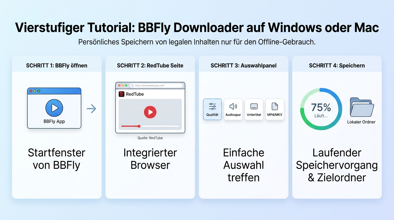 BBFly-Ablauf zum Speichern eines RedTube-Videos von der Quelle bis zur lokalen MP4- oder MKV-Datei.