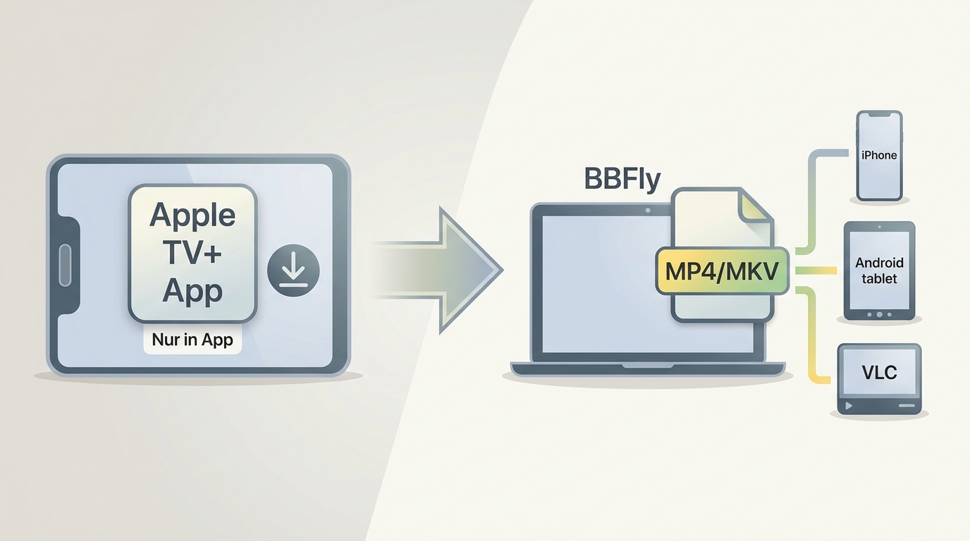 Unterschied zwischen Apple TV+ App-Download und einer per BBFly übertragenen lokalen Datei auf Gerät