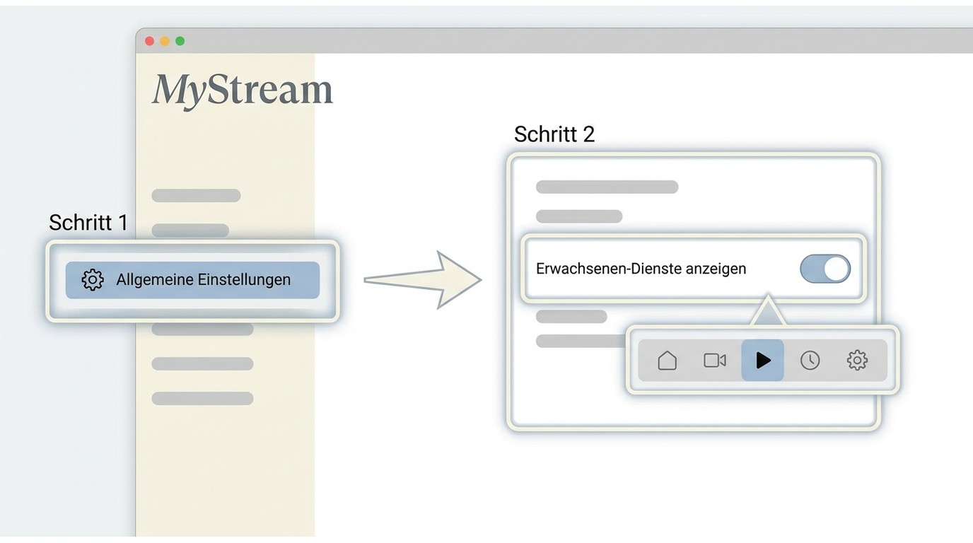 MyStream mit markierter Einstellung für Erwachsenendienste und hervorgehobener Seitenleiste