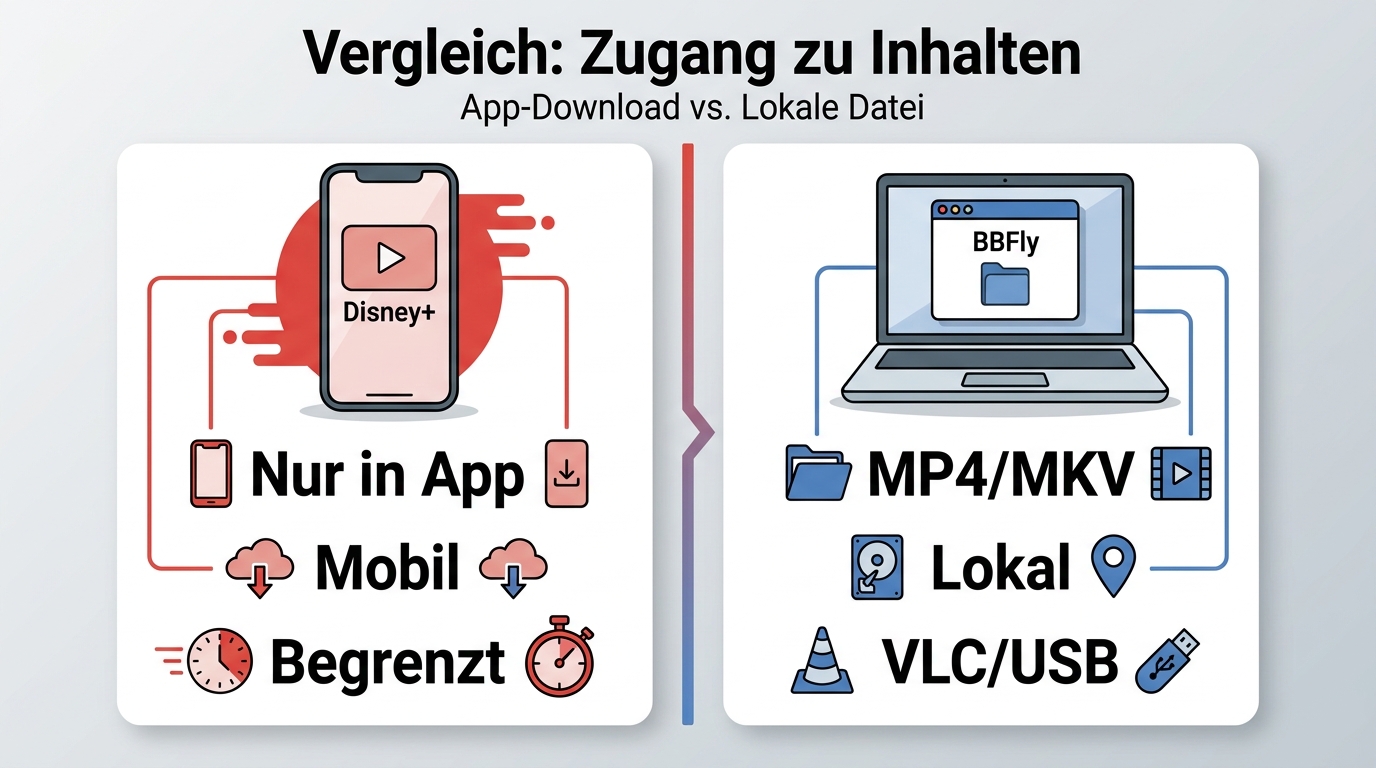 Vergleich von Disney+-App-Downloads mit BBFly-Lokaldateien auf Smartphone und Laptop.