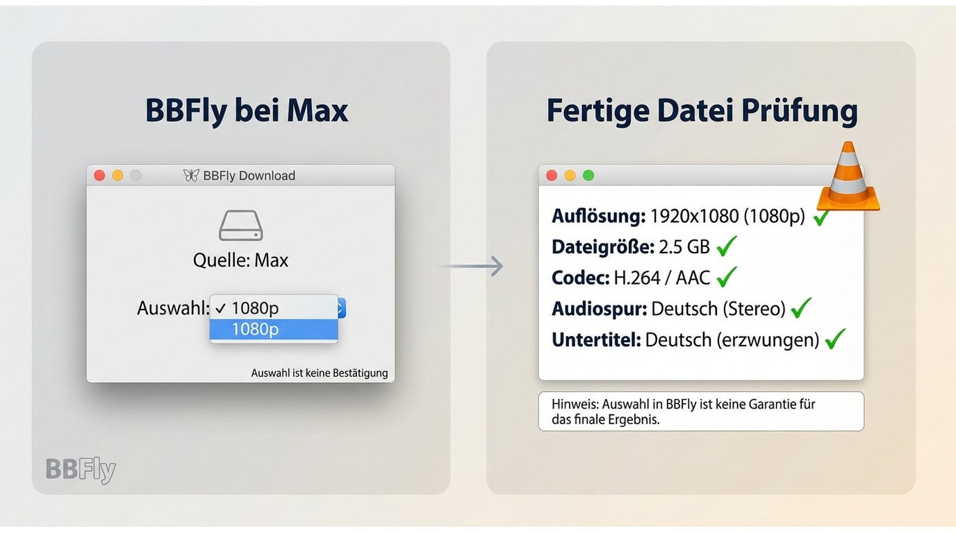 BBFly-Auswahl bei Max und die Prüfung der fertigen Datei in VLC mit Auflösung und Audiospur.