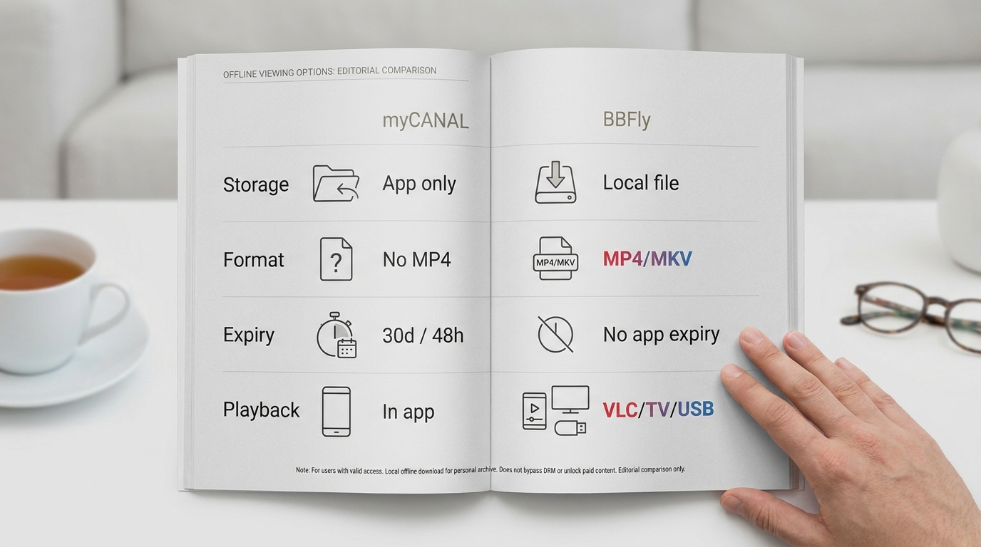 Comparison of myCANAL app downloads and BBFly for storage, format, expiry, and playback use
