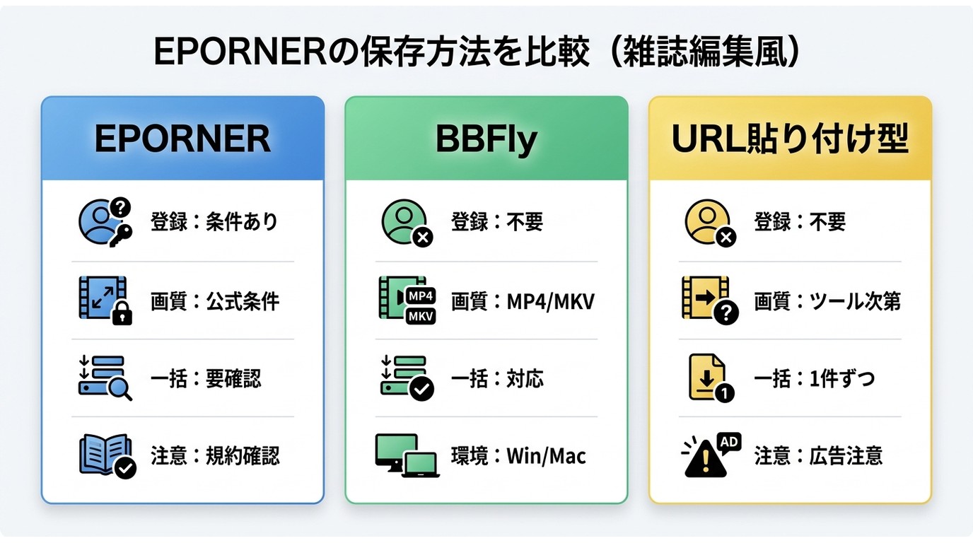 EPORNERの公式保存、BBFly、URL貼り付け型の違いを比較した要点一覧
