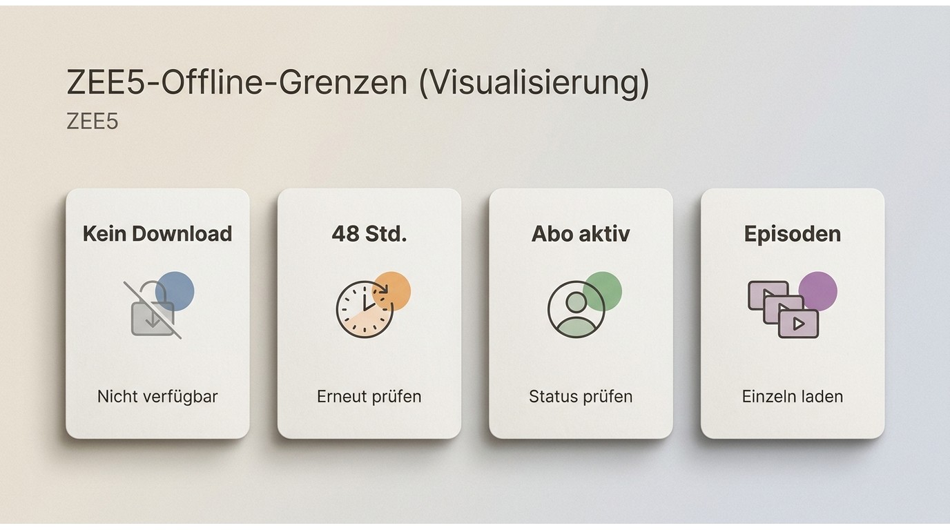 Übersicht der ZEE5-Offline-Grenzen mit 48 Stunden, Kontostatus und einzelnen Episoden.