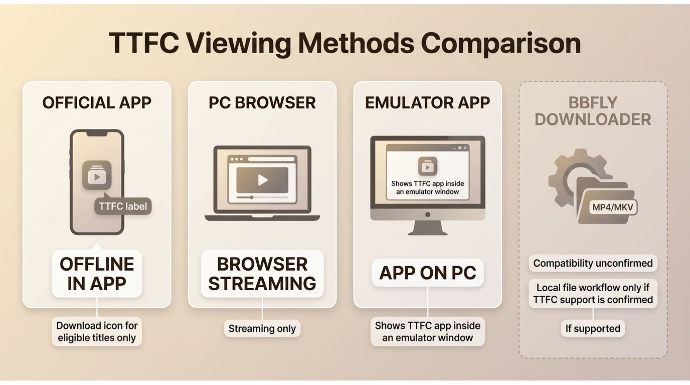 Comparison of TTFC app, PC browser, Android emulator, and BBFly by offline viewing and local file su