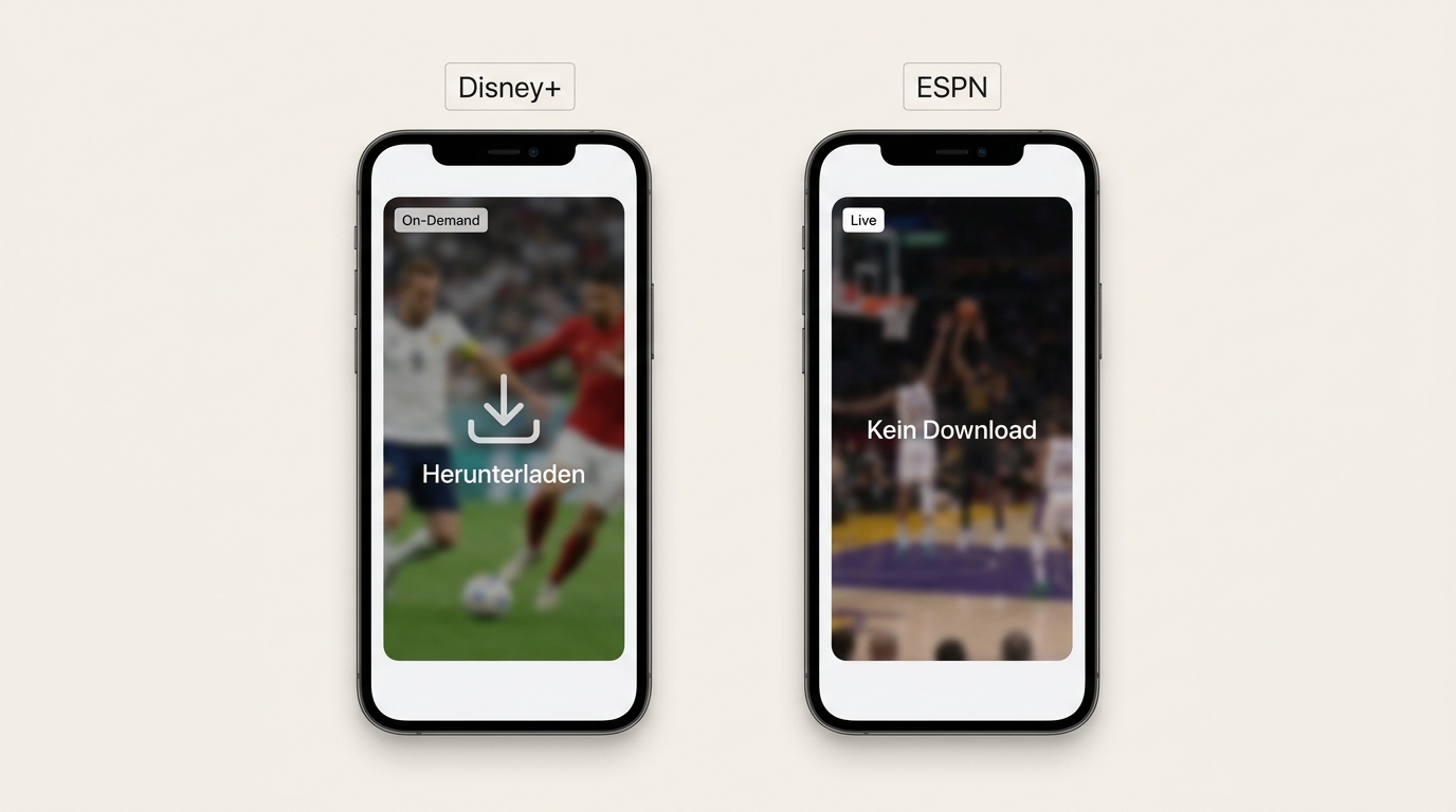 Disney+-Ansicht mit ESPN-Titel einmal mit Herunterladen-Option und einmal ohne Downloadsymbol.