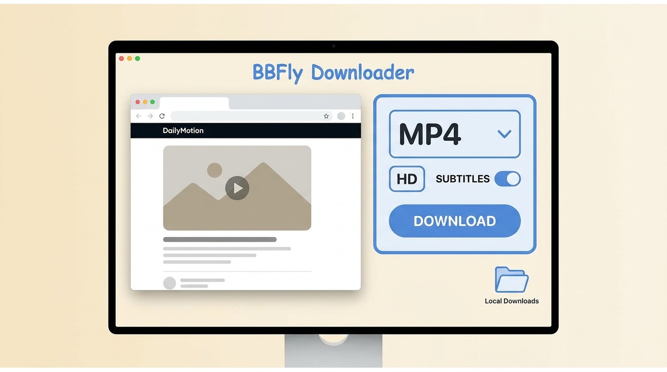 BBFly Downloader workflow for saving a Dailymotion video with output and quality options
