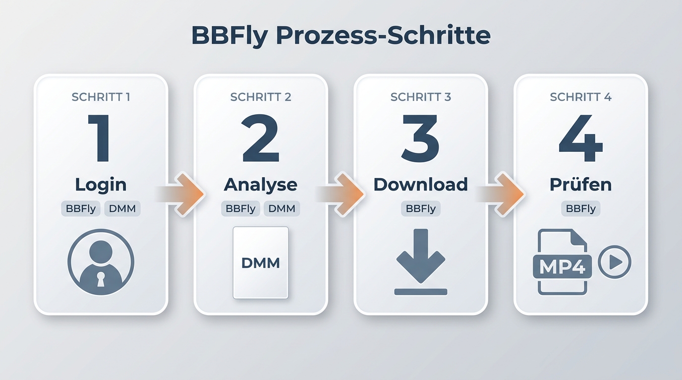 Ablauf mit BBFly von DMM-Anmeldung über Analyse bis zur Prüfung der MP4-Datei