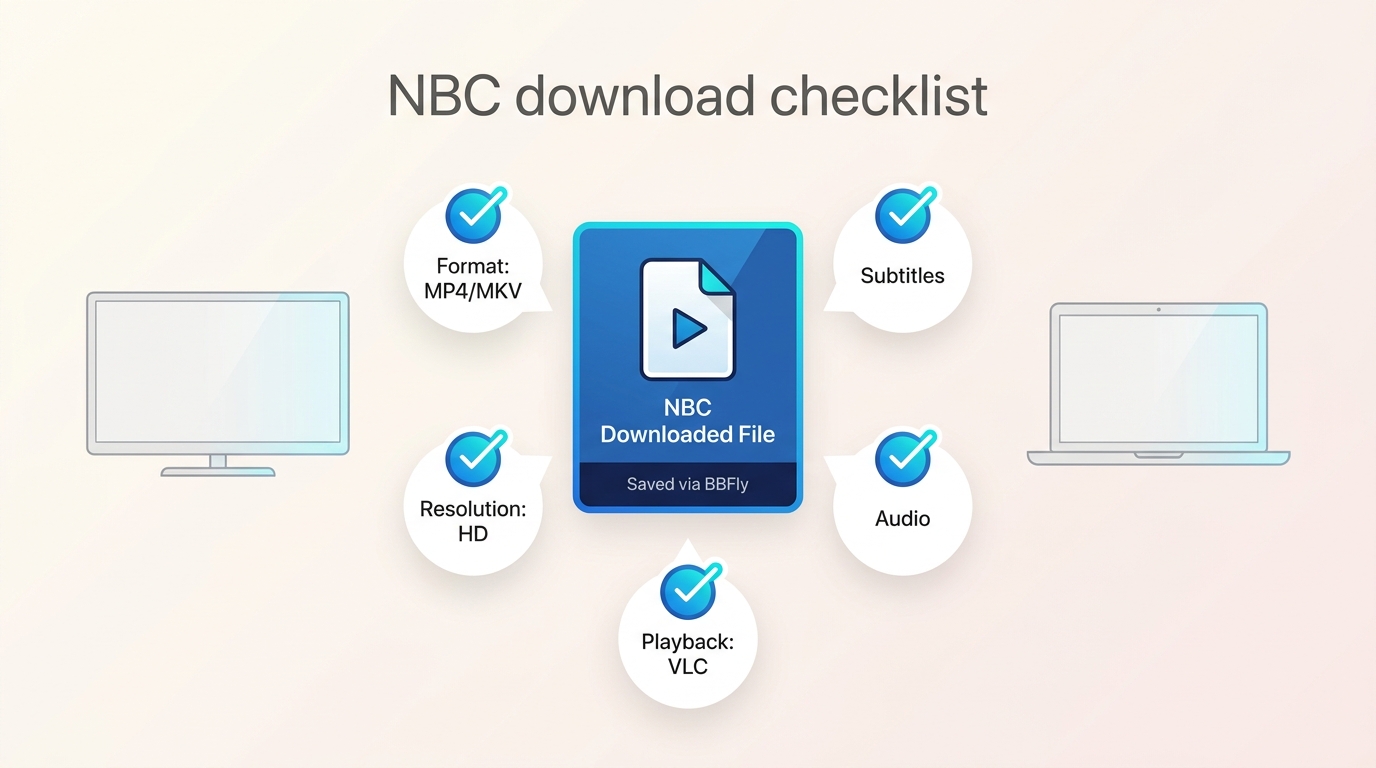 Checklist for checking NBC download format, resolution, subtitles, audio, and playback support