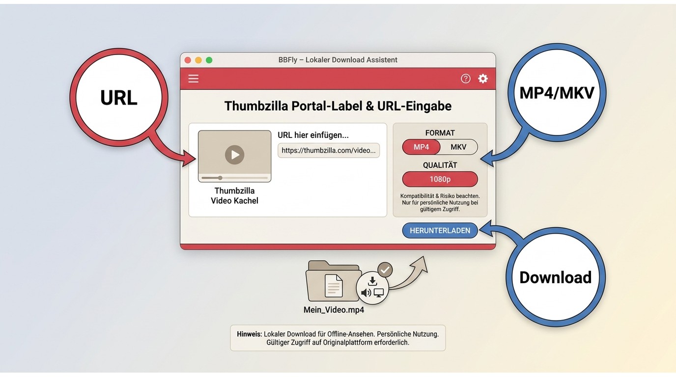 BBFly-Workflow mit Thumbzilla-URL, Formatwahl und Prüfung der gespeicherten MP4- oder MKV-Datei