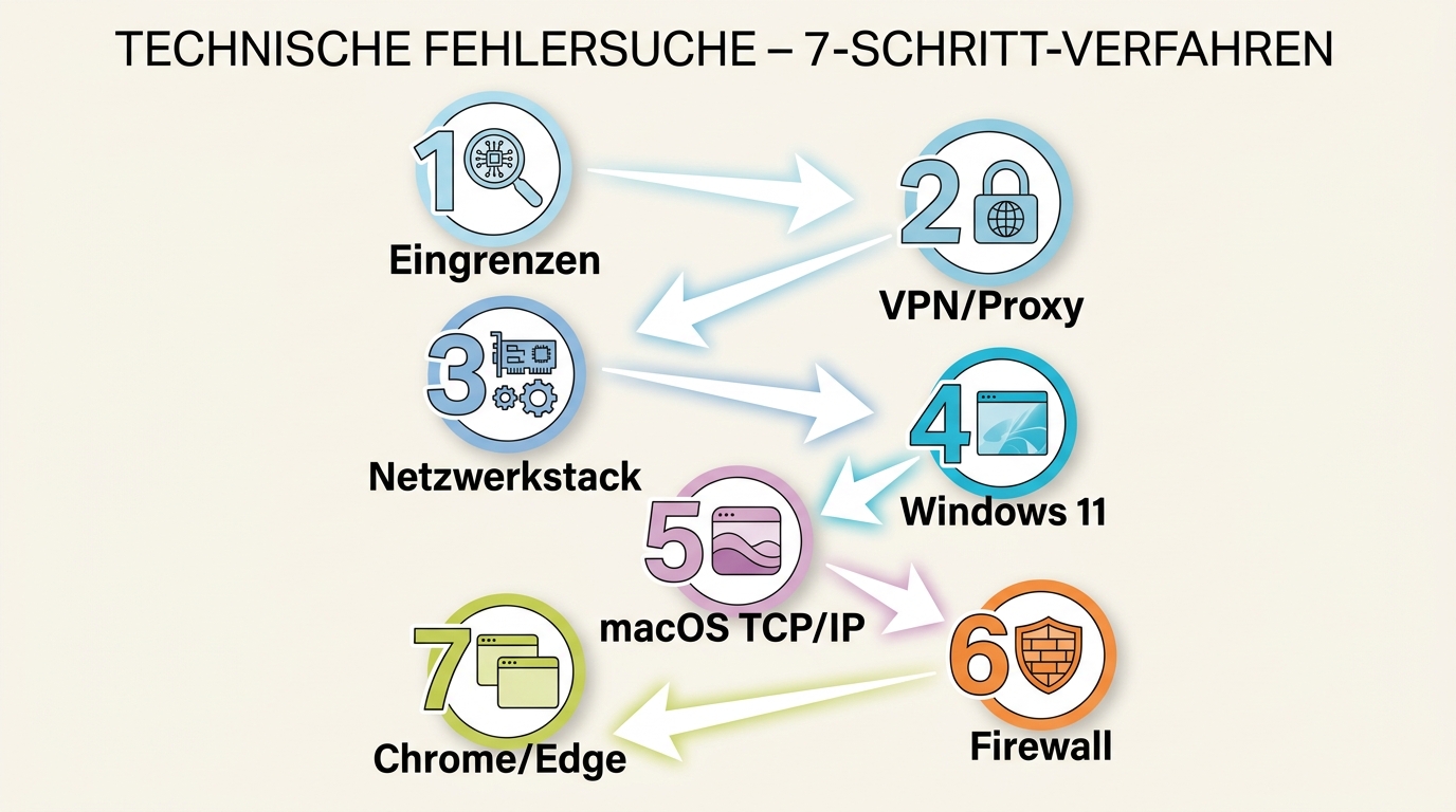 Ablauf mit sieben Schritten zum Beheben von ERR_CONNECTION_RESET auf Windows, macOS und im Browser