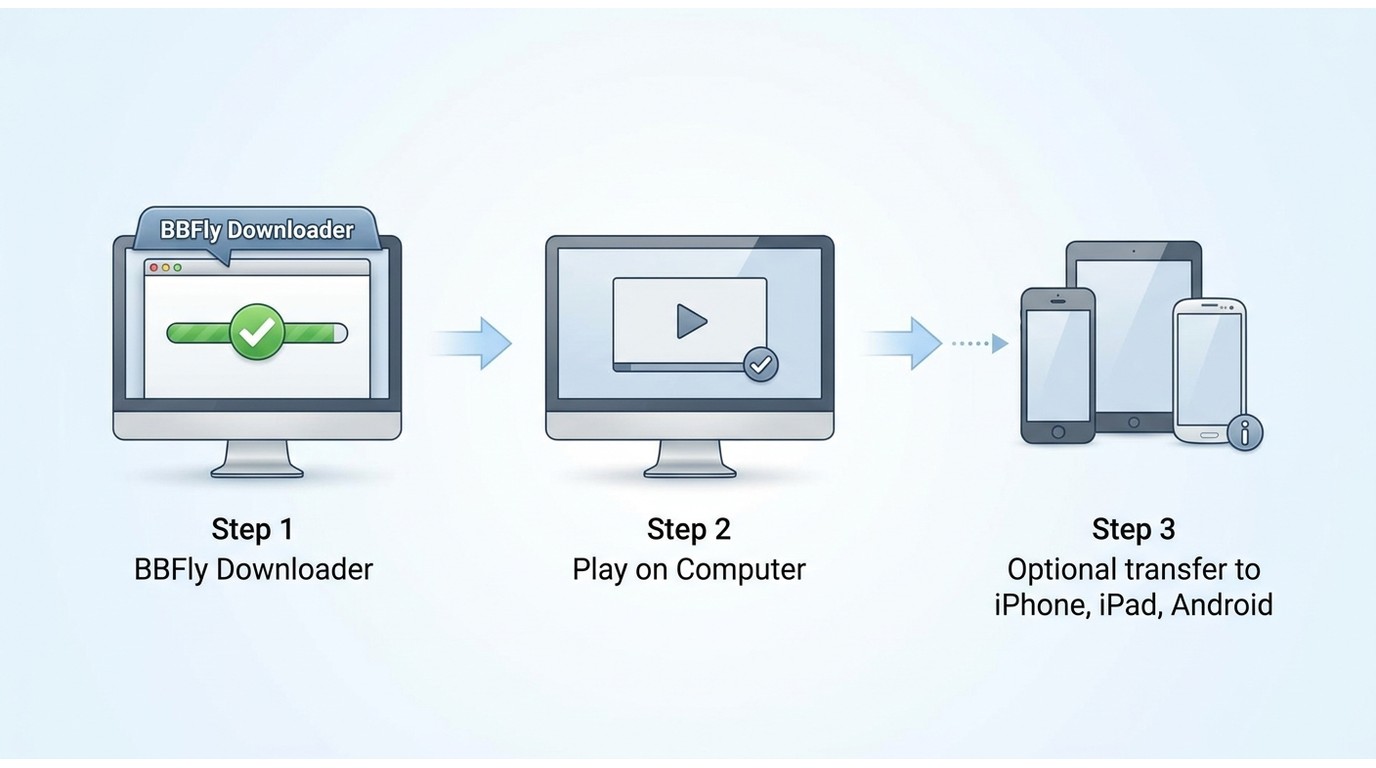 How a BBFly download is checked on computer before optional transfer to iPhone, iPad, or Android.