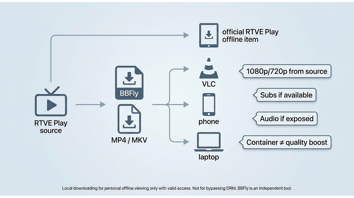 How RTVE Play source quality affects BBFly MP4 or MKV output, subtitles, audio, and portability