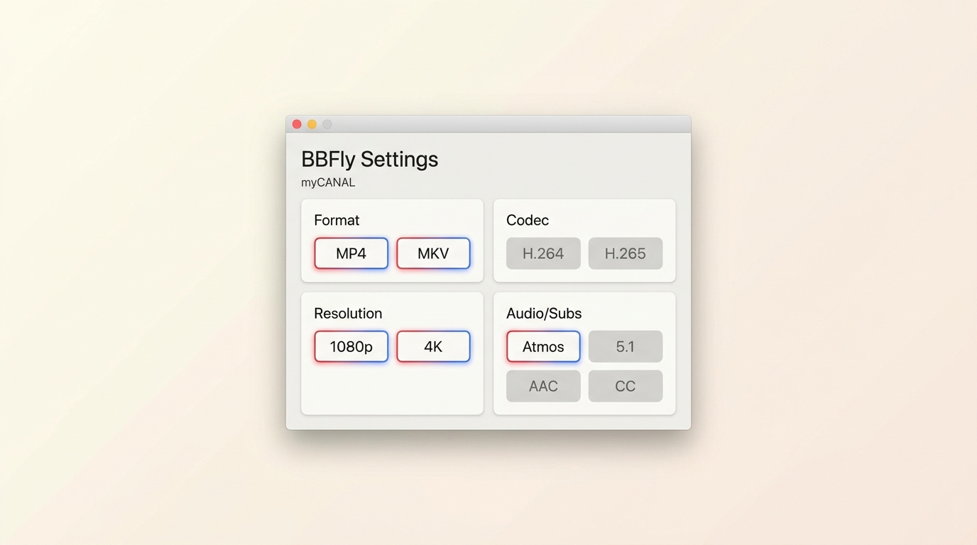 BBFly settings for a myCANAL video with format, resolution, audio, and subtitle options