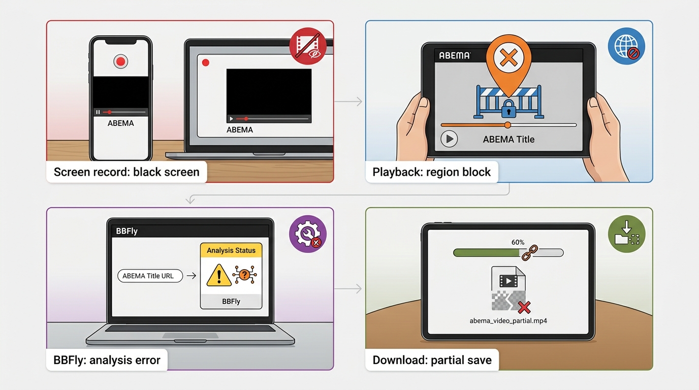 ABEMA troubleshooting branches for black screen, region block, analysis error, and partial save