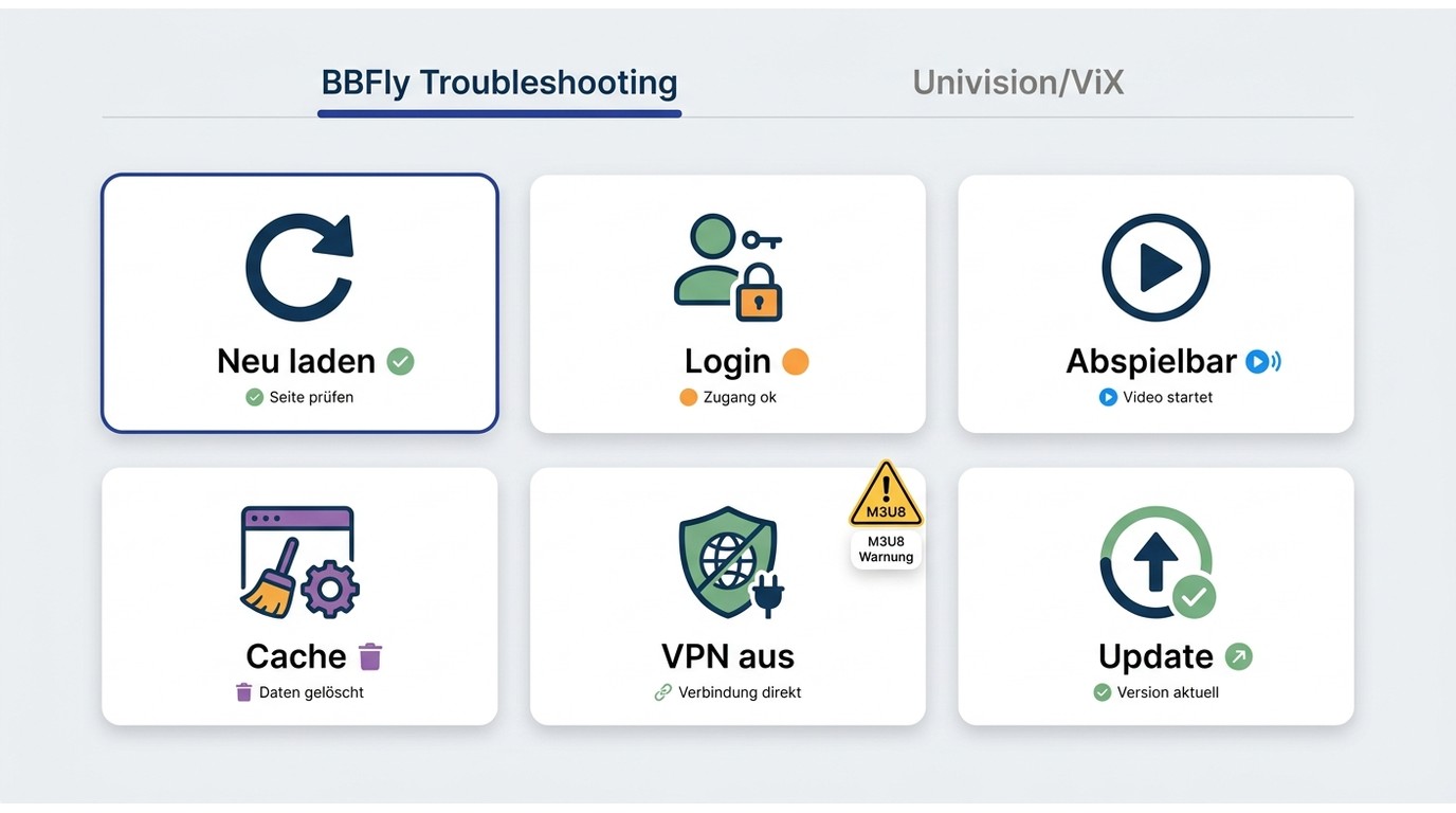 Fehlersuche für BBFly bei Univision mit Login, Abspielbarkeit, VPN und Update-Prüfung