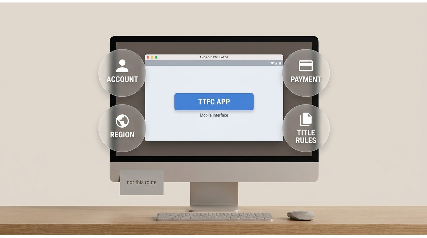 TTFC mobile app running in an Android emulator on PC, with region and account requirements still app