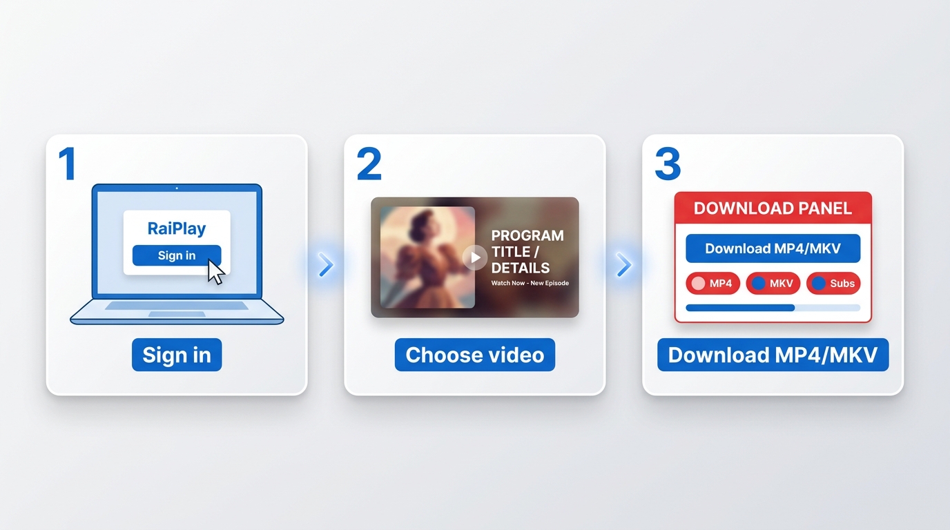 BBFly 下载 RaiPlay 的三步流程：登录、选择标题、设置 MP4/MKV 与字幕后下载