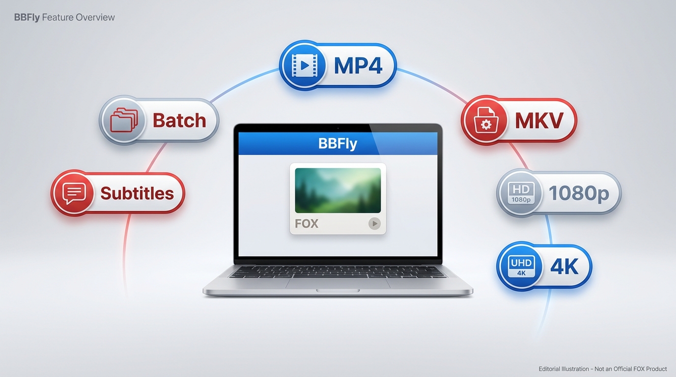 BBFly FOX download options including MP4, MKV, 1080p, 4K, subtitles, and batch download