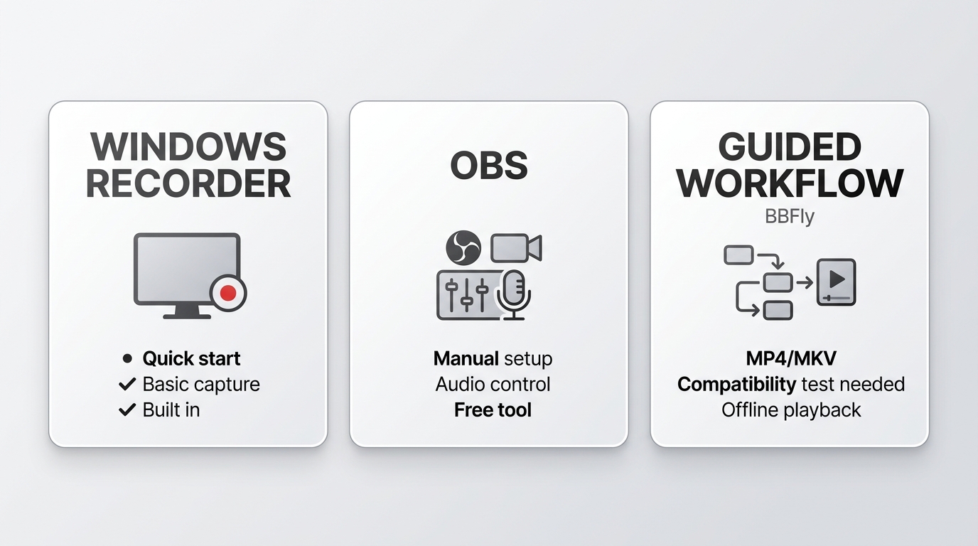 Comparison of Windows recorder, OBS Studio, and BBFly for recording Pachi-Tele on PC