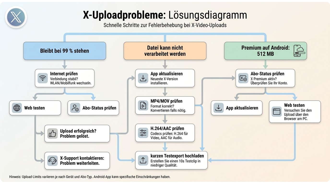 Fehlerhilfe für X-Uploads bei 99 Prozent, Dateiproblemen und falschem Premium-Limit.