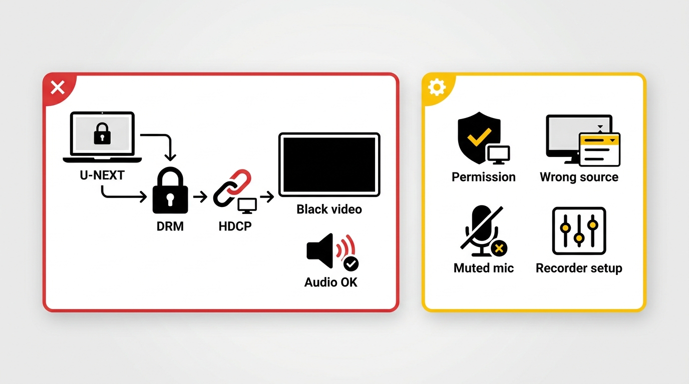 Comparison of U-NEXT black-screen causes: DRM or HDCP limits versus recorder setup issues
