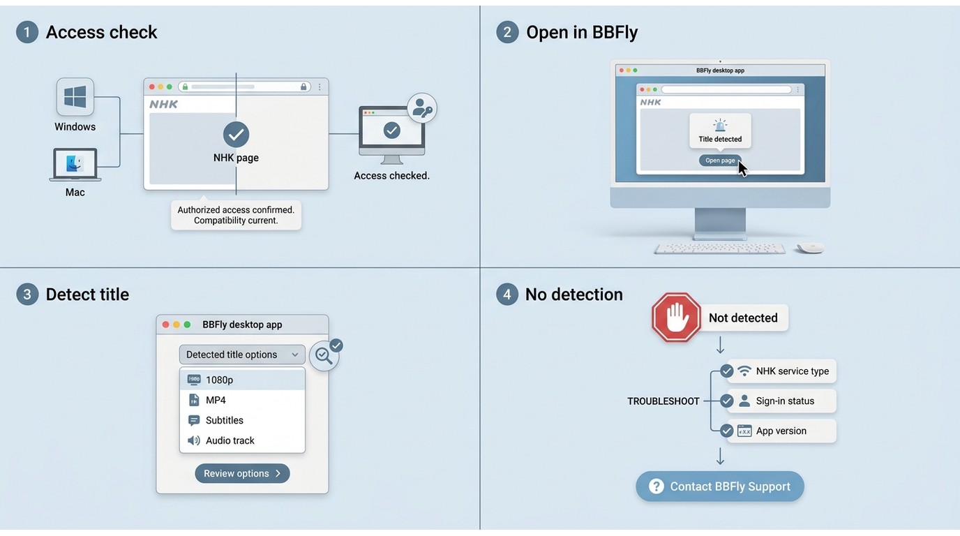 How BBFly on Windows or Mac checks NHK access, detects a title, or stops for troubleshooting